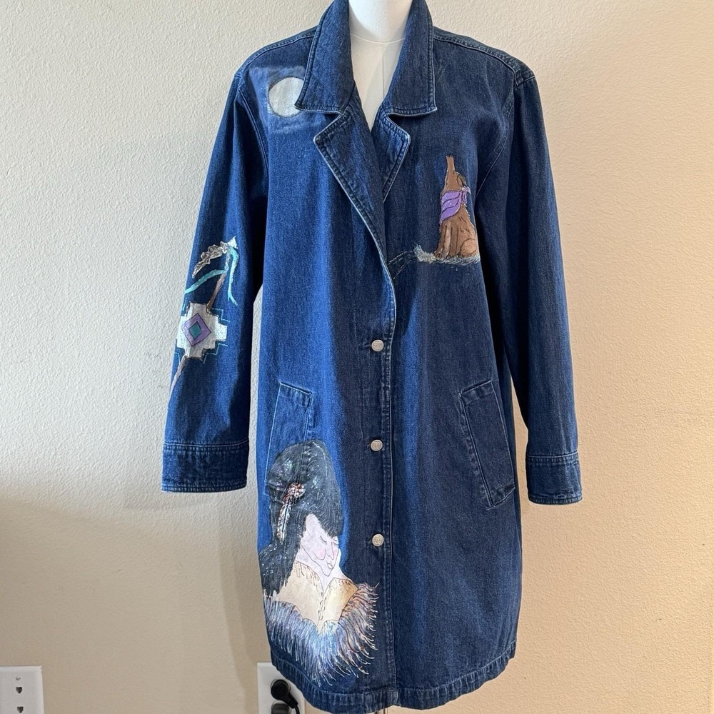 Vintage Hand Painted Native American Denim Duster Western Wearable Art Jacket Lg
